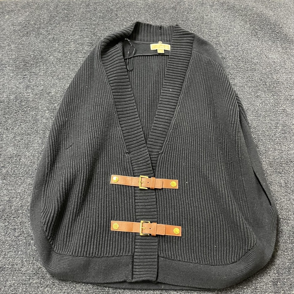 Michael‎ Kors Sweater Poncho Womens Medium Black Knit Buckle Cape Wrap Cardigan